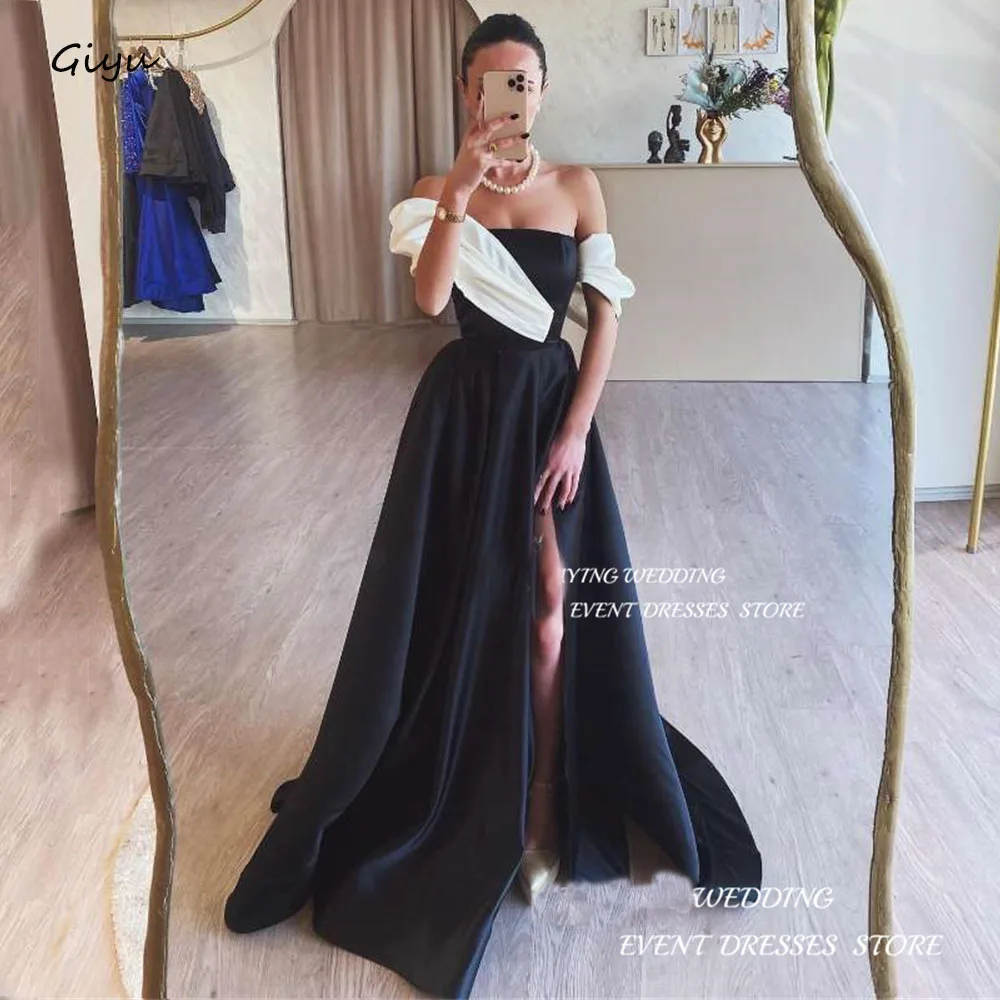 Giyu Black White Long Evening Dresses Side Slit Floor Length Prom Dresses Formal Occasion A-Line Prom Gowns For Women Customized