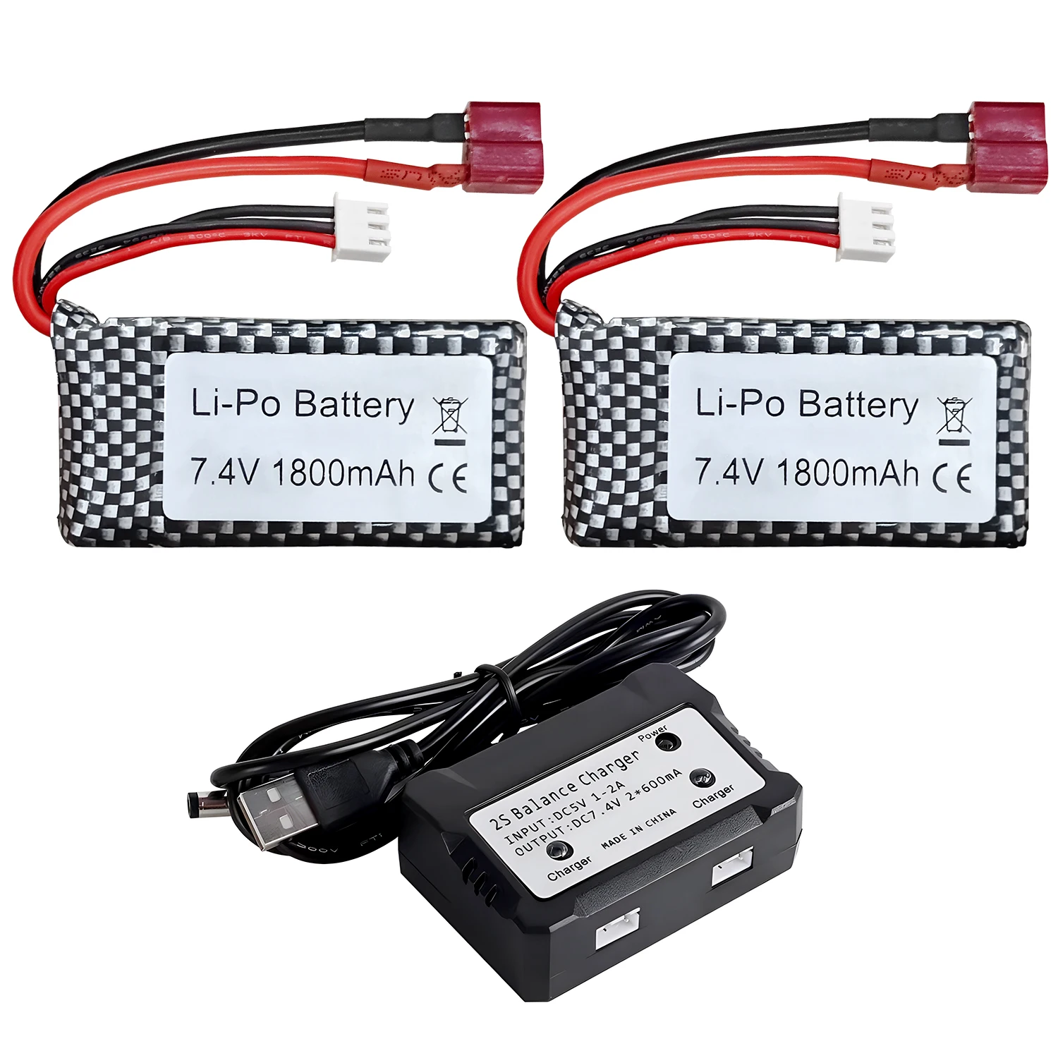 

2PCS 7.4V 1800mah T-Plug Li-po Battery with 2-in-1 Charger for WLTOYS A959-B A969-B A979-B K929-B 144001 RC Off-Road Vehicle