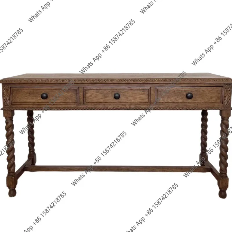 American retro twisted column solid wood porch table desk French country oak old writing desk