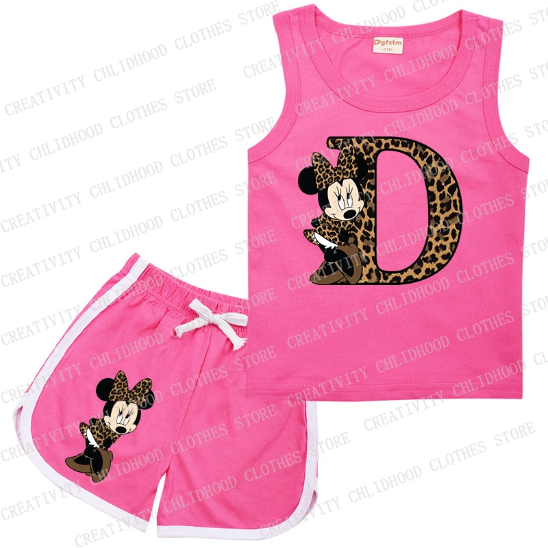 Disney-conjuntos esportivos sem mangas para crianças, Minnie Leopard, colete e shorts com letra ABCD, roupas casuais para menina e menino, roupas infantis, 2PCs