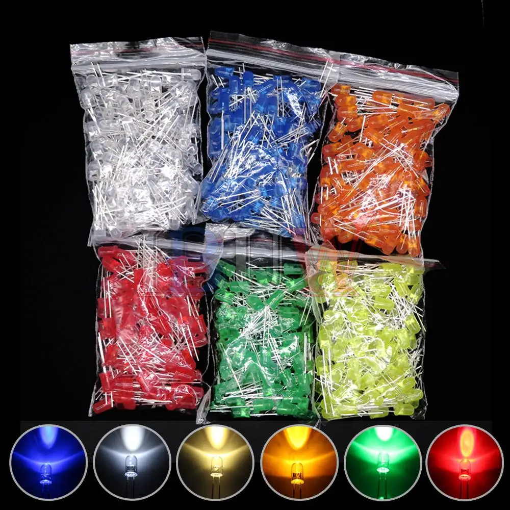 SAMIORE 100PCS F5 5mm LED Diode Assorted Kit White Green Red Blue Yellow Orange Pink Purple Warm White DIY Light Emitting Diode