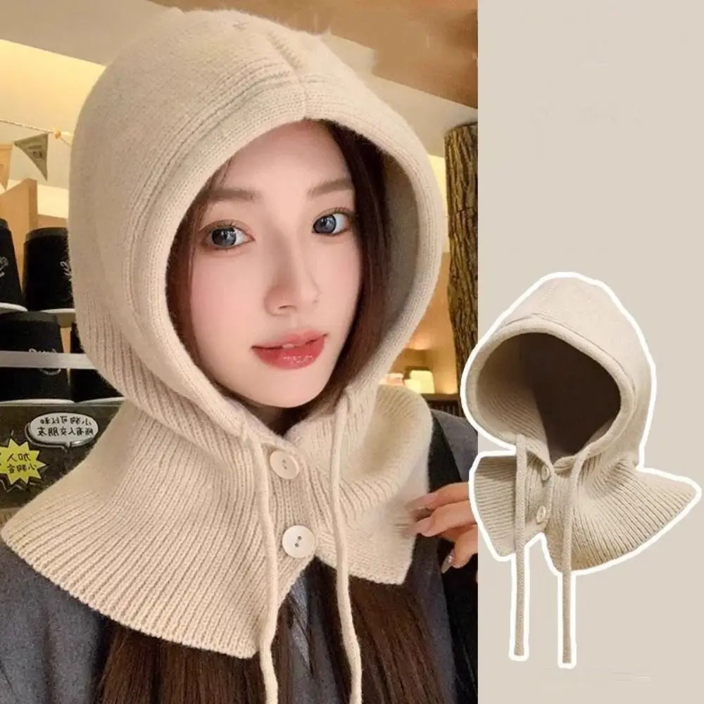 

High Quality Thicken Scarf Balaclava Hats Warm Drawstring Knitted Beanie Cap Windproof One-piece Design Snood Collar Hood Winter