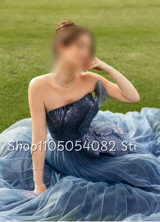 Vestido de novia azul tubo único, lentejuelas sin tirantes, flor estereoscópica, línea A, plisado y suelo, vestido de novia personalizado