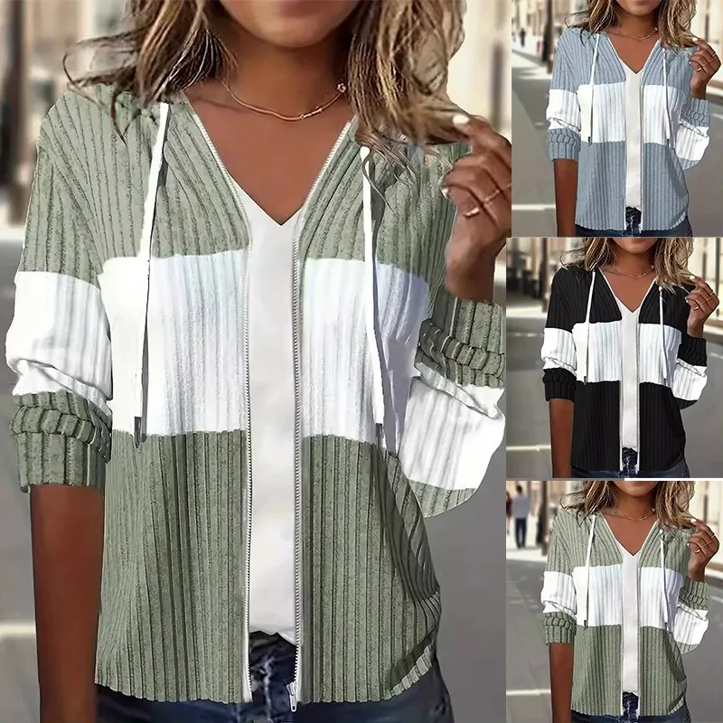 

2025 Autumn and Winter Fashion Pit Strips Contrasting Colors Hooded Casual Warm Zipper Women's Jacket