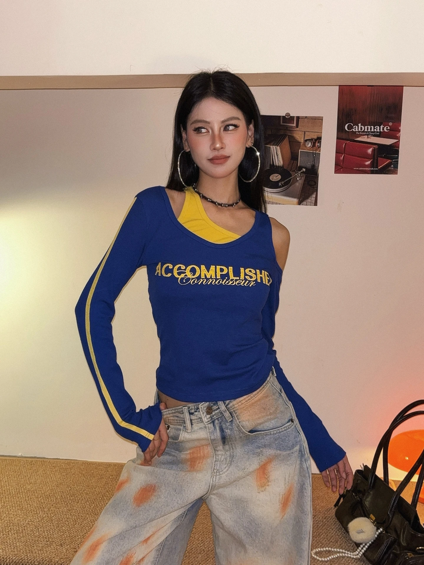 American Style Long Sleeve Shoulder Bared Slim Fit T Shirt for Women Breathable Comfortable Cotton Blend Base Layer Top