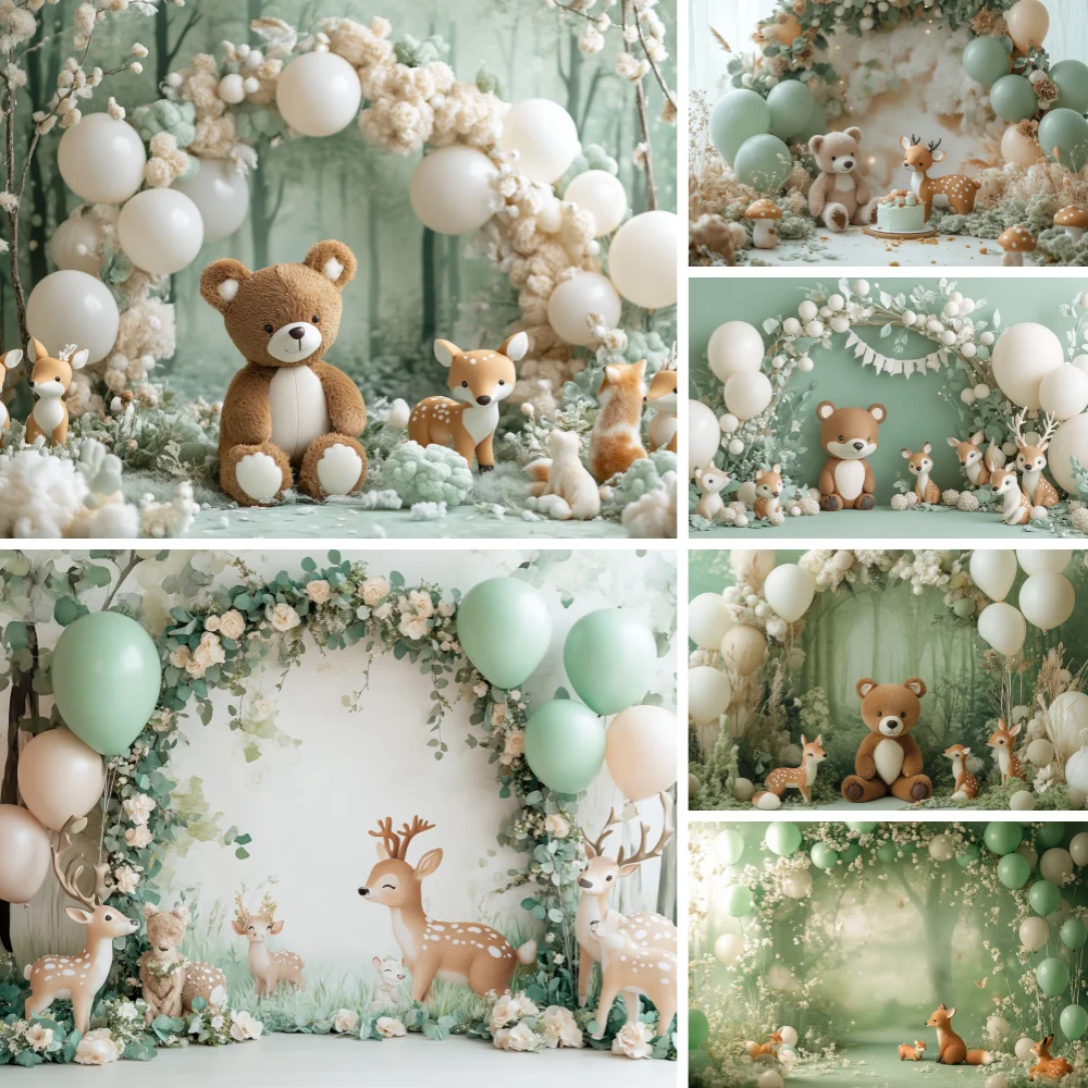 

Photography Background Jungle Wildlife Fox Bear Balloon Decoration Kids Birthday Party Cake Smash Photo Background Banner