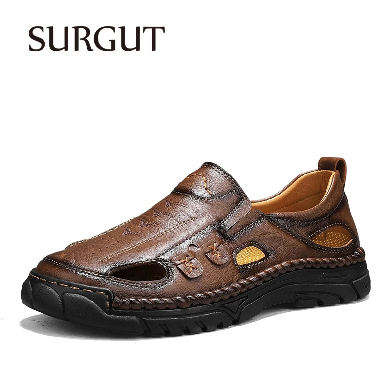 SURGUT Summer Men Sandals Hollow Out Leather Upper Soft Inner Closed Toe Anti-Slip Business Casual Plus Size 38-48
