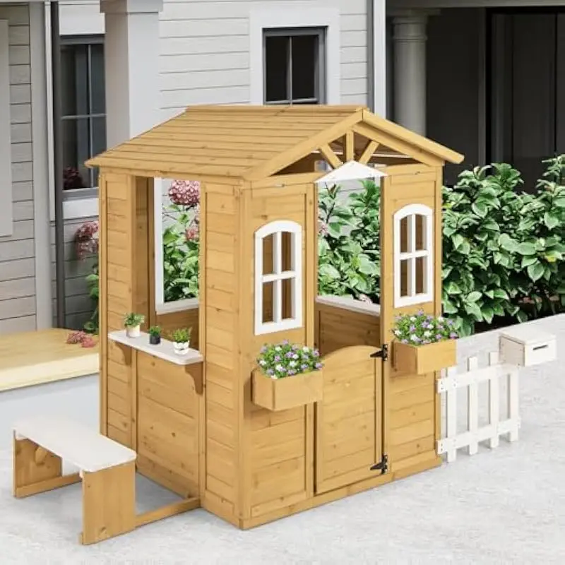 Outdoor Wooden Playhouse for Kids with Picnic Bench Side Windows Half Door Plant Holders Roof Shade Garden Yard Use Ages 2+