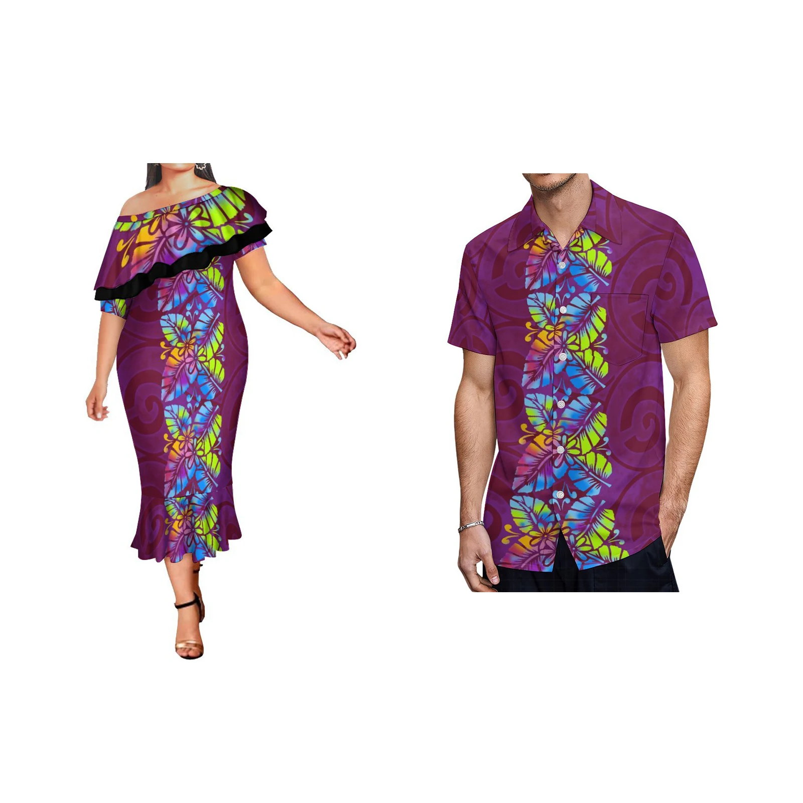 

Pacific Island Art Sustainable Double Shawl Mermaid Dress Polynesian Off Shoulder Fishtail Dresses Matching Men Shirt