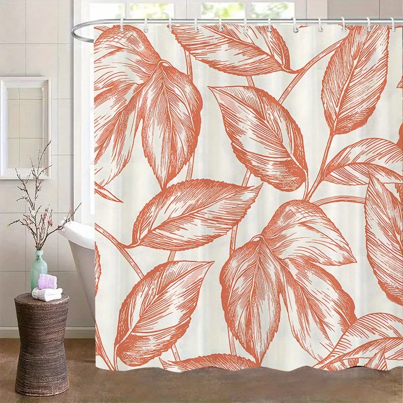 

1pc Orange-red leaf patterned shower curtain, polyester fabric, machine washable, with hooks, suitable for bathroom décor.