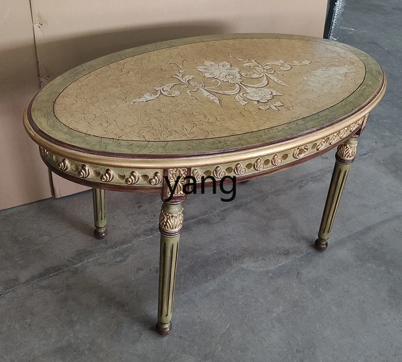 Yjq Solid Wood Oval Handmade Hollow Carved Gilding Vintage Green Hand Painted Villa Coffee Table