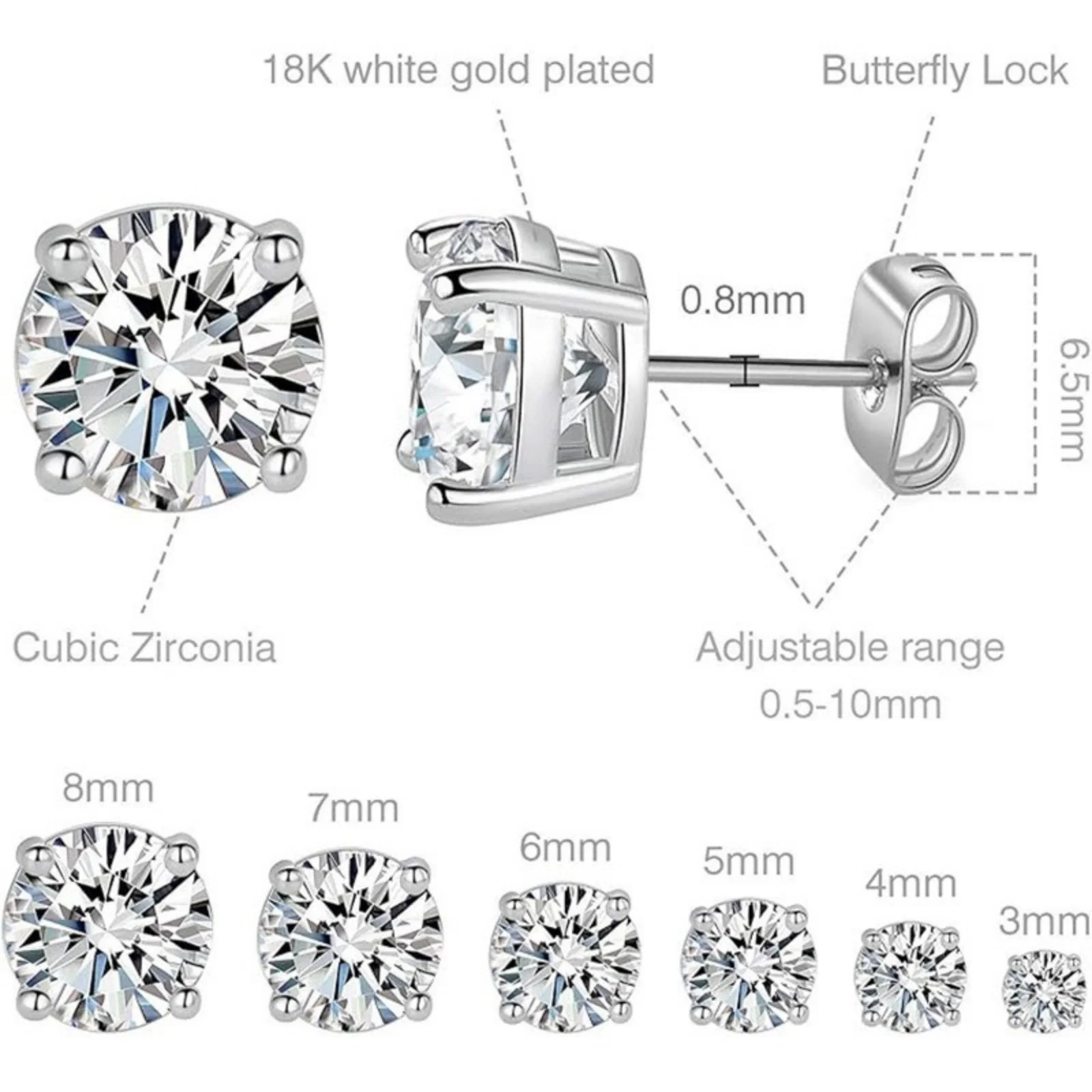 1Pair Simple 3-8mm Stainless Steel Stud Earrings Square Round Cubic Zirconia Ear Post Stud Earrings Women Wedding Party Jewelry