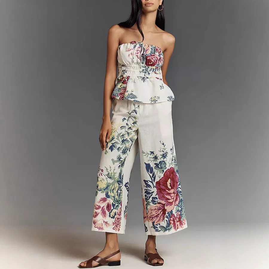 

New Flower Floral Printing Strapless 2pcs Clothes Set Spring Summer Sleeveless Top & Loose Wide Leg Pants