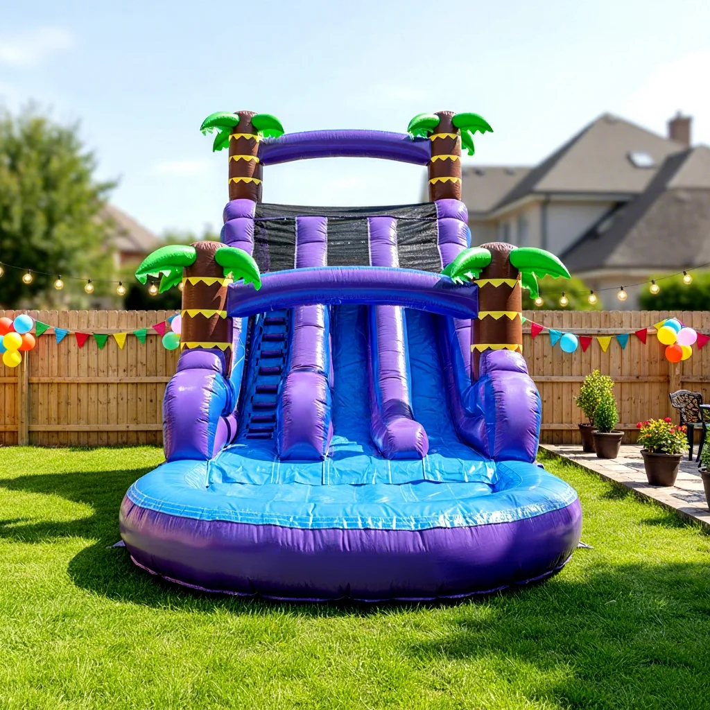 

Commercial Purple Hurricane Double Slide Inflatable Water Slide Palm Tree Slide with Pool Suitable for Outdoor Party