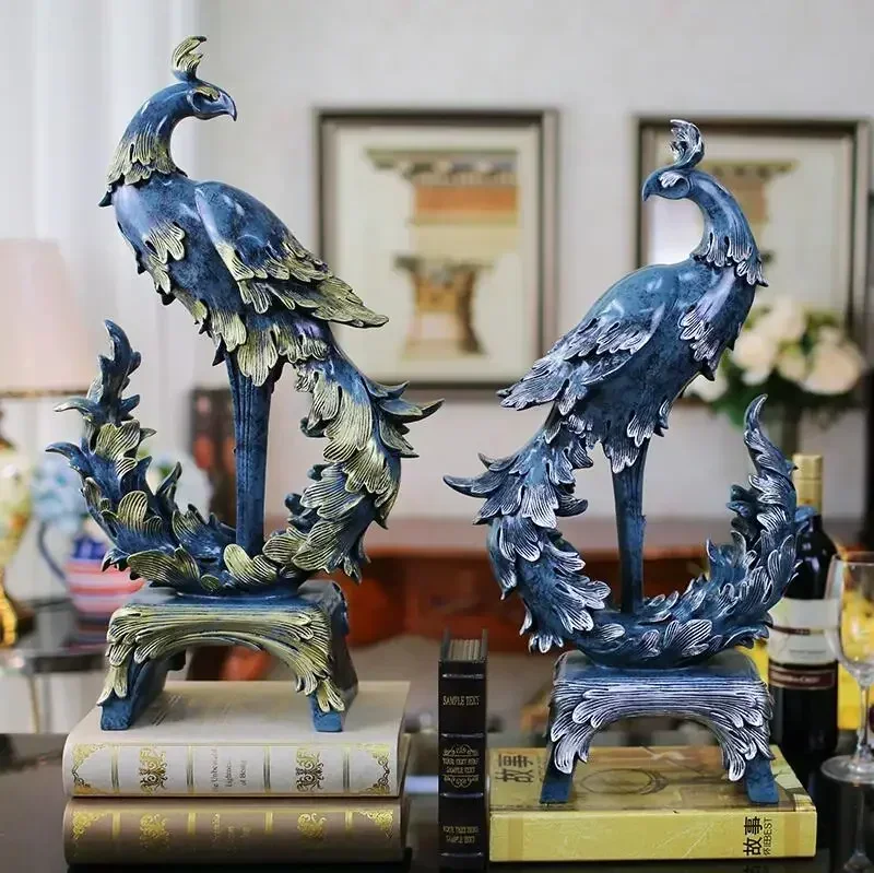 European Luxury Resin Phoenix Figurine Decoration Creative Chinese Home Office Desktop Sculptures Decor Mascot Bird Ornament Art