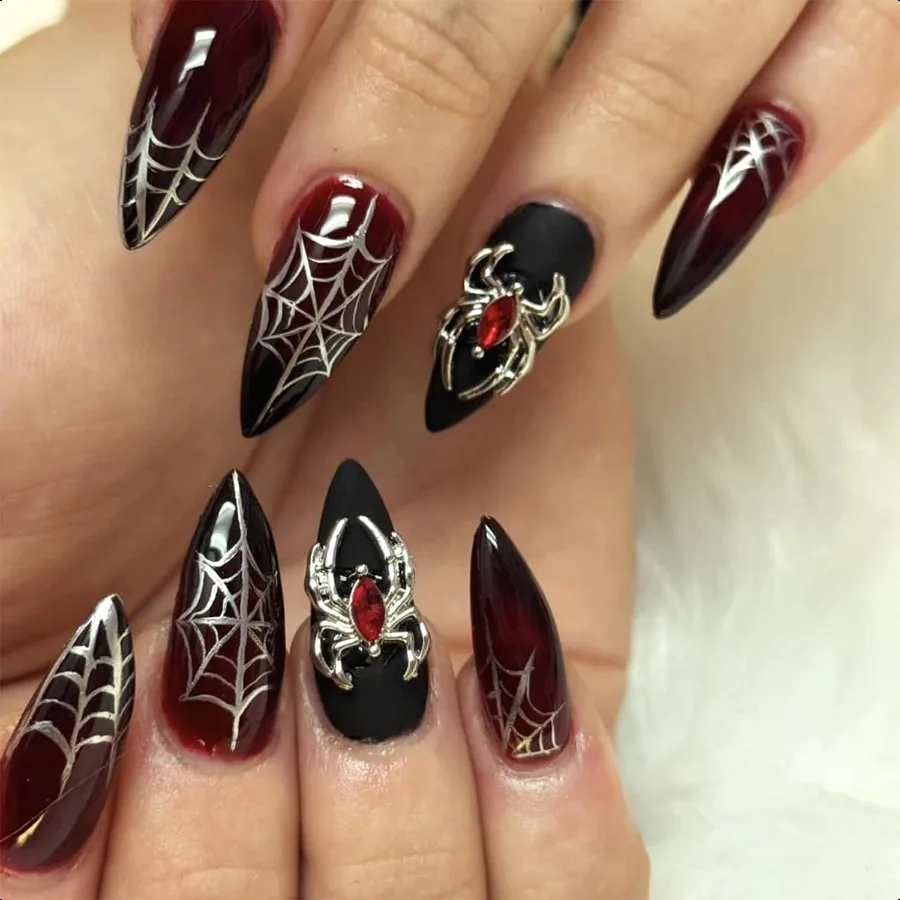 

Металлический Паук Шарм Pr on Nails Длинные Миндалевидные Хэллоуин Накладные Ногти Sier Паутина Акриловые Ногти Глянцевый День Мертвых Клей on Na