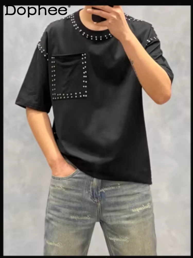 

American Trend T-shirt Men's Short-sleeved Summer Fashion Heavy Industry Rivet Round Neck Youth Casual Handsome Versatile Top