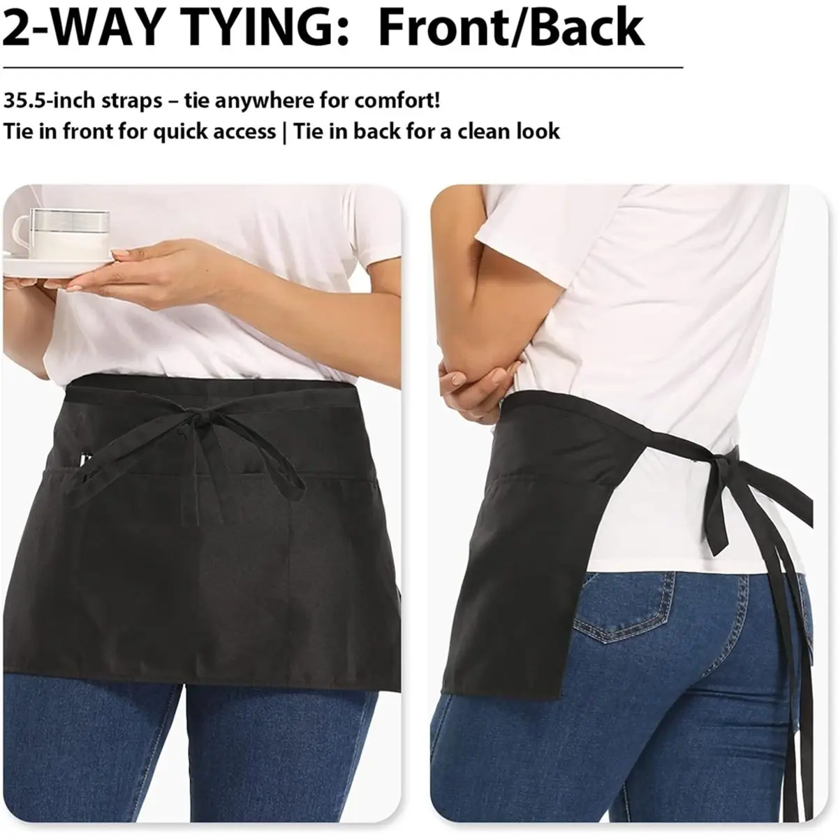 4-Pack Waterproof Server Apron with 3 Pockets - Ideal for Waitresses, Bartenders, and Craftsmen, Black