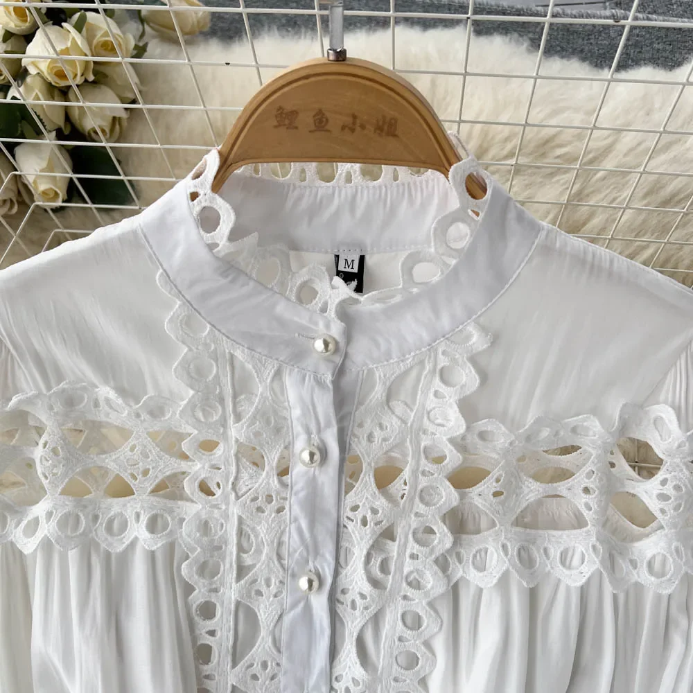 VIntage Folds Lace Hollow Out Lantern Sleeves Long Sleeves Single Breasted Dress Casual Women A-LINE  Fashion Autumn Dress