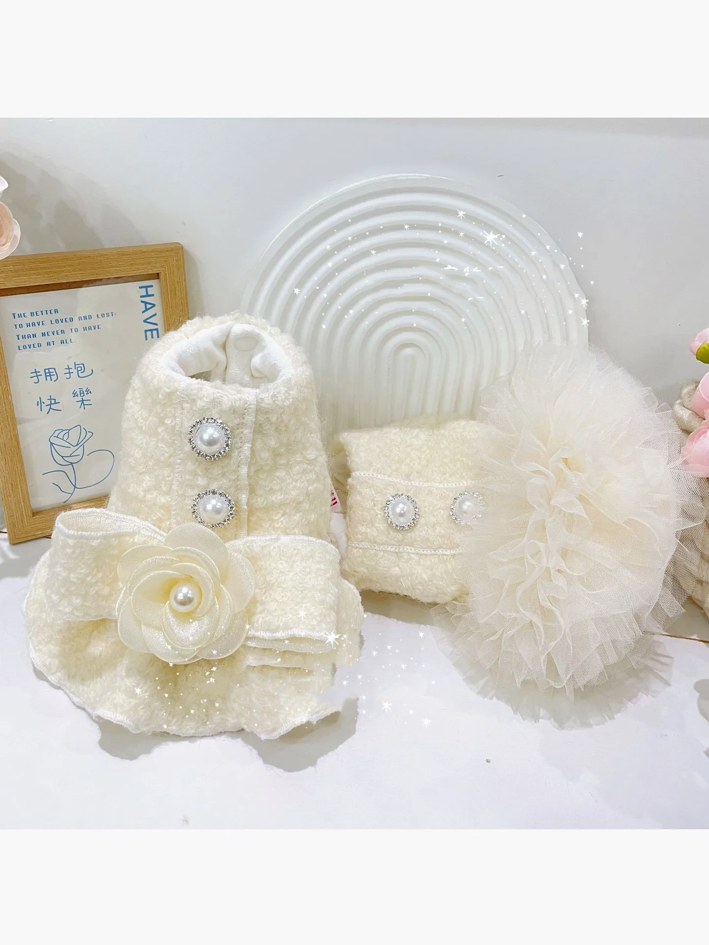 

Classic Camellia Flower Winter Thick Plush Cat Dress Maltese Small Dog Puppy Coat