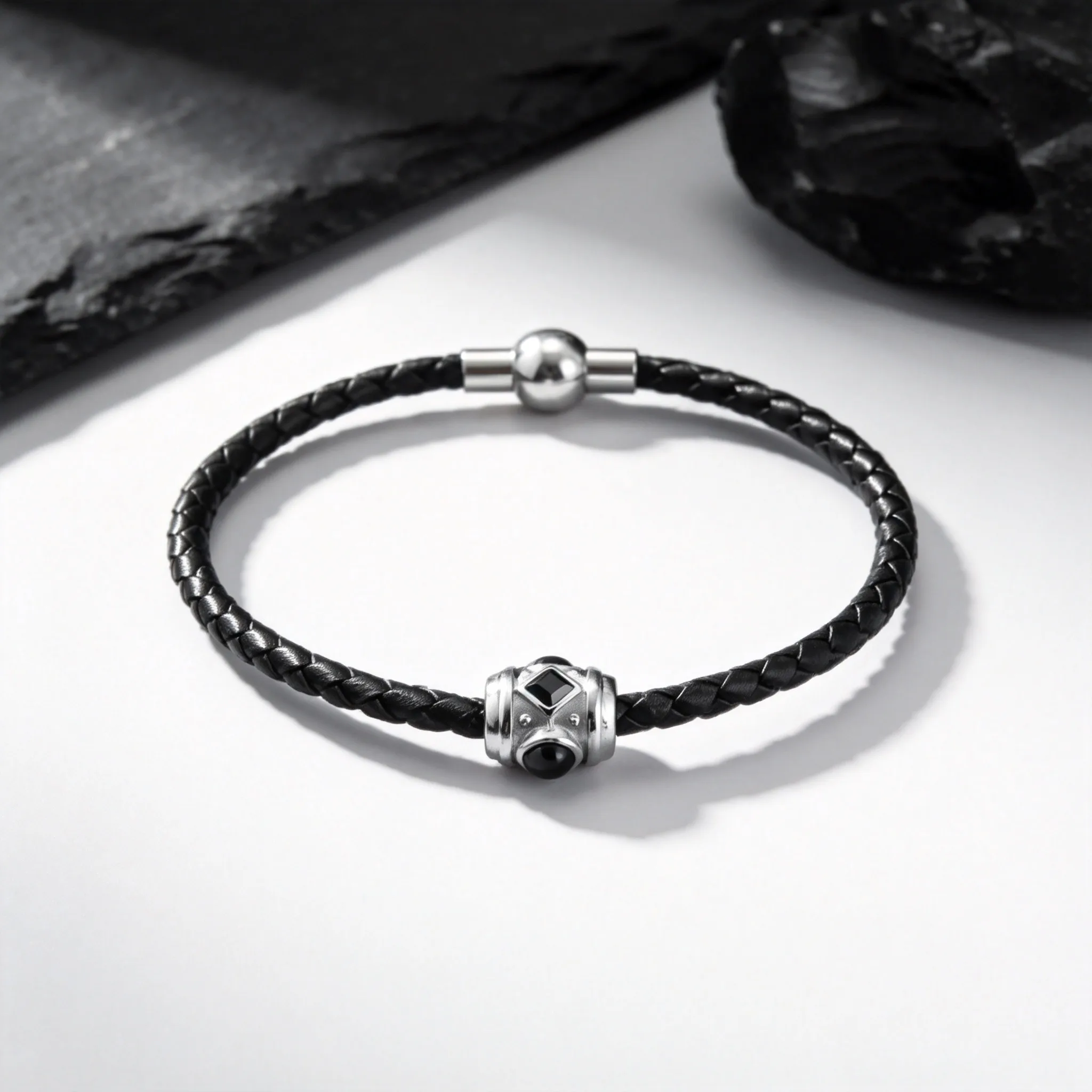 Stilvolle Herren-Lederarmbänder, Edelstahl-Armband mit schwarzen Zirkonia-Steinen, Geschenk für Ehemann, Vater, Sohn, BBF – Detail 5
