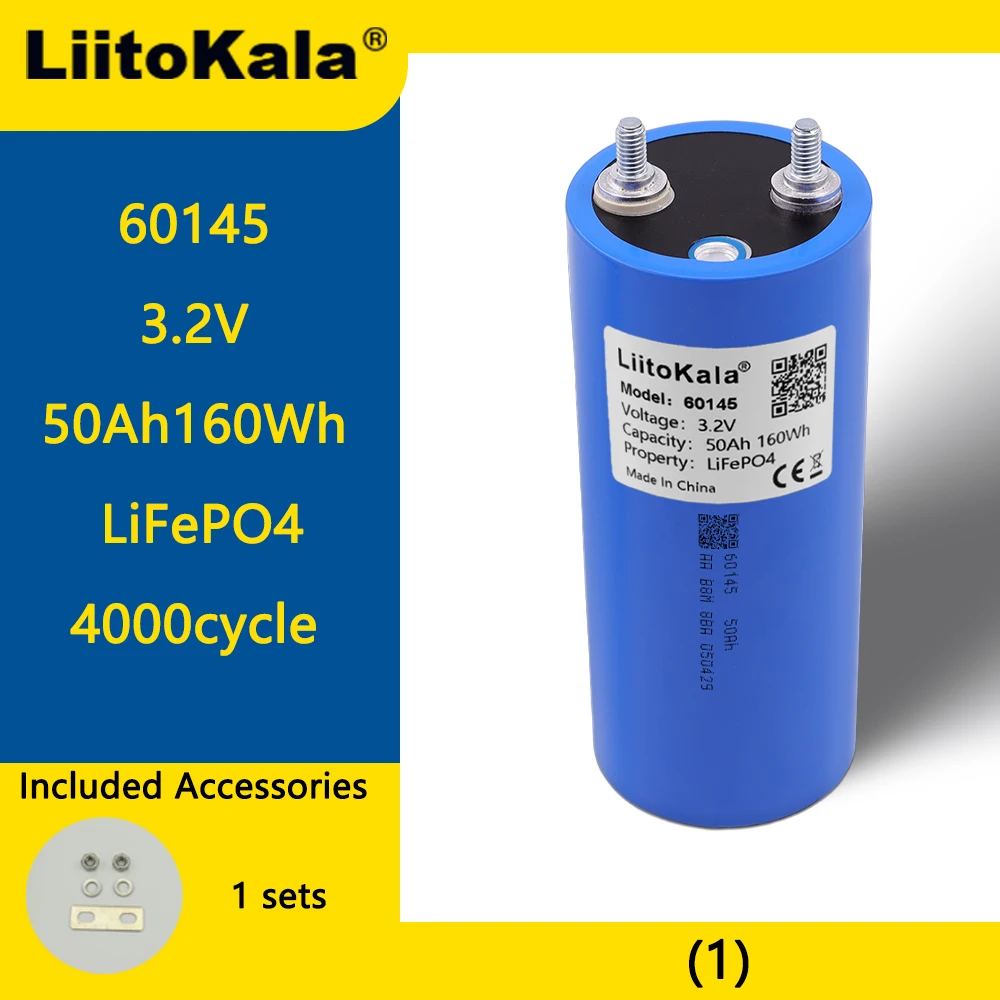 Liitokala 3.2V 50Ah LiFePO4 Battery 60145 Lithium iron phosphate for 12V 24V Off Grid Solar Energy Car Golf Cart Camping Trip