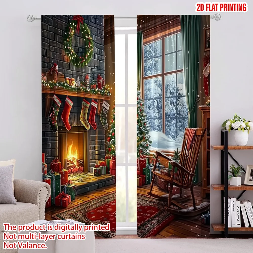 

2pcs 2D flat printing Merry Christmas Popular Party Window Curtains Winter Christmas Snowy Night Wall Art Machine Washable