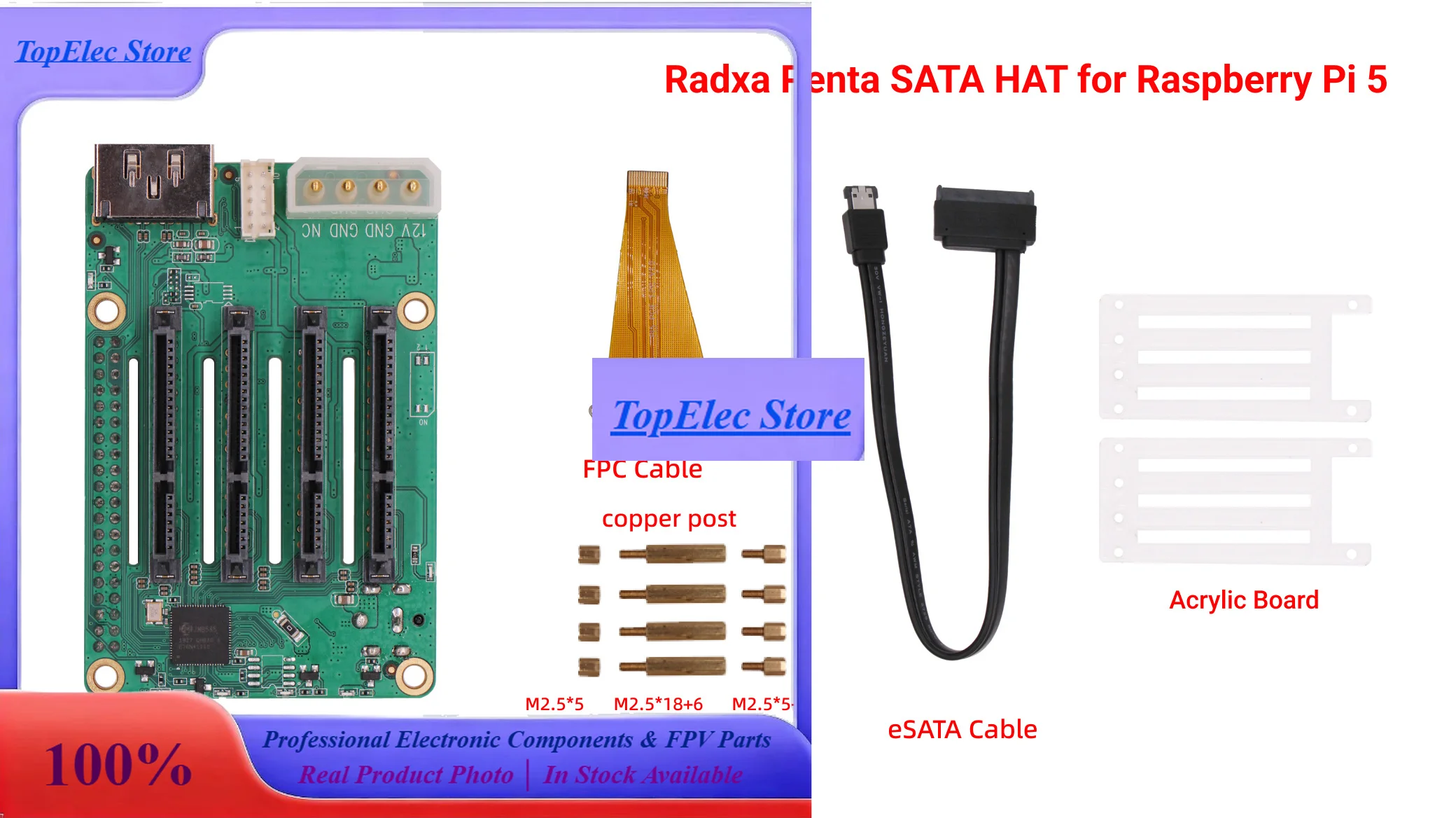 TopEsRadxa Penta SATA HAT - Up To 5x SATA Disks HAT For Raspberry Pi 5 And ROCK Pi SBCs, 3C, 5A, 4A / 4B / 4SE / 4A+ / 4B+ / 3A