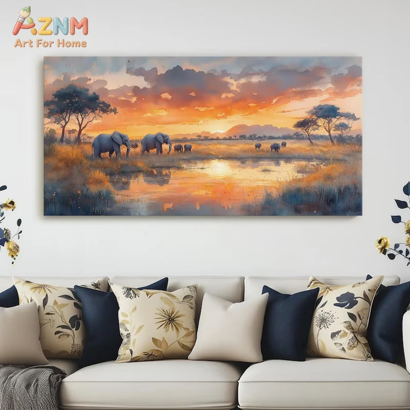 AZNM African Savanna Elephant Family Canvas Wall Art Sunset Watercolor Style Wildlife Painting No Frame