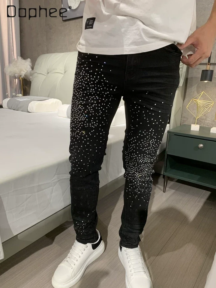 

High-end Design Hot Diamond Jeans Men's Trendy Brand European Goods Scratched Handsome Slim-fitting Small Feet Black Pants
