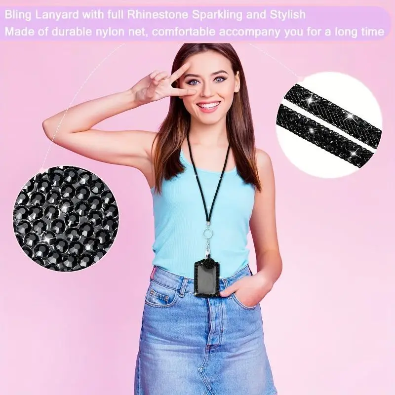 1Pc Rhinestone Bling Lanyard With ID Badge Holder Retractable Sparkly Lanyard Metal Clasp Key Ring for Women