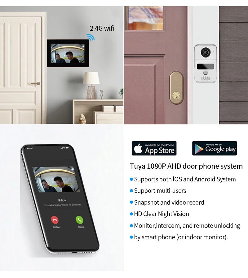 Home 7inch HD Color 1080P CMOS Wifi Tuya APP IR Night Vision CCTV Camera Video Doorphone Video Doorbell Intercom System