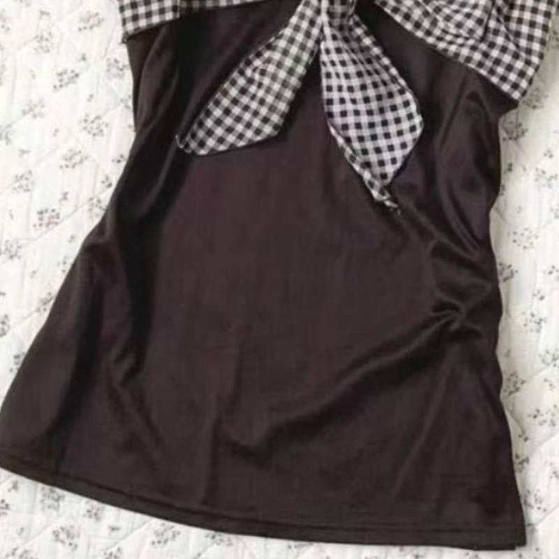 النمط الياباني مخطط البيانو تي شيرت بياقة المرأة Kawaii قصيرة الأكمام بلوزات صغيرة ملابس غير رسمية لطيف الحلو ملابس علوية من القطن 2025 جديد #6