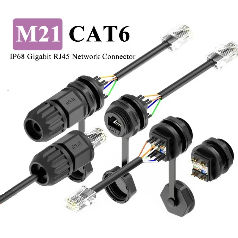 Gelaste RJ45 Waterdichte Netwerkconnector IP67 Gigabit CAT6 RJ45 Luchtvaart Plug Panel Socket M21 RJ45 Ethernet Connector Kabel