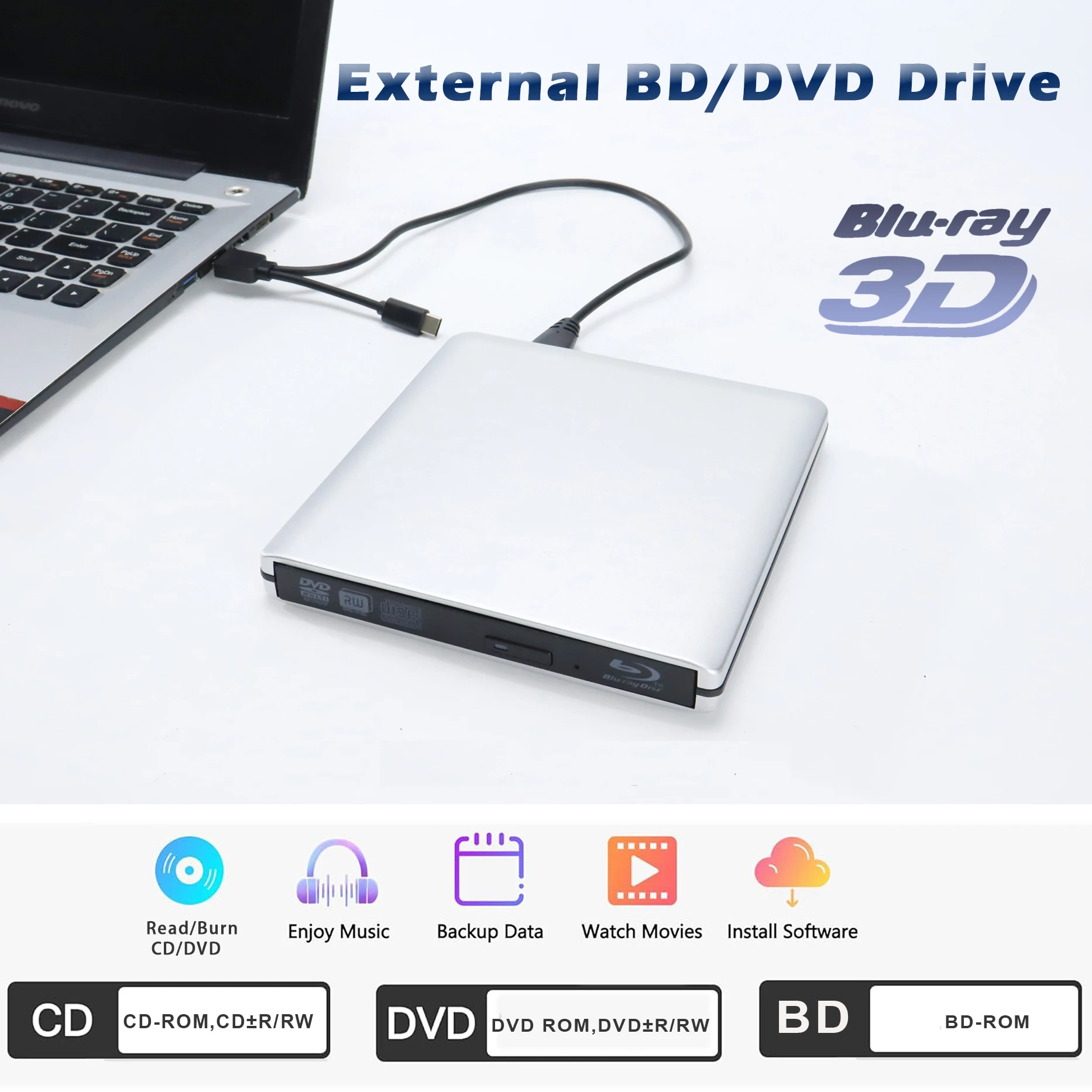 Aluminum Alloy External Bluray Optical Drive BD-ROM USB3.0 Type C DVD Writer 3D Blu-Ray Reader DVD-R for Laptop/Desktop