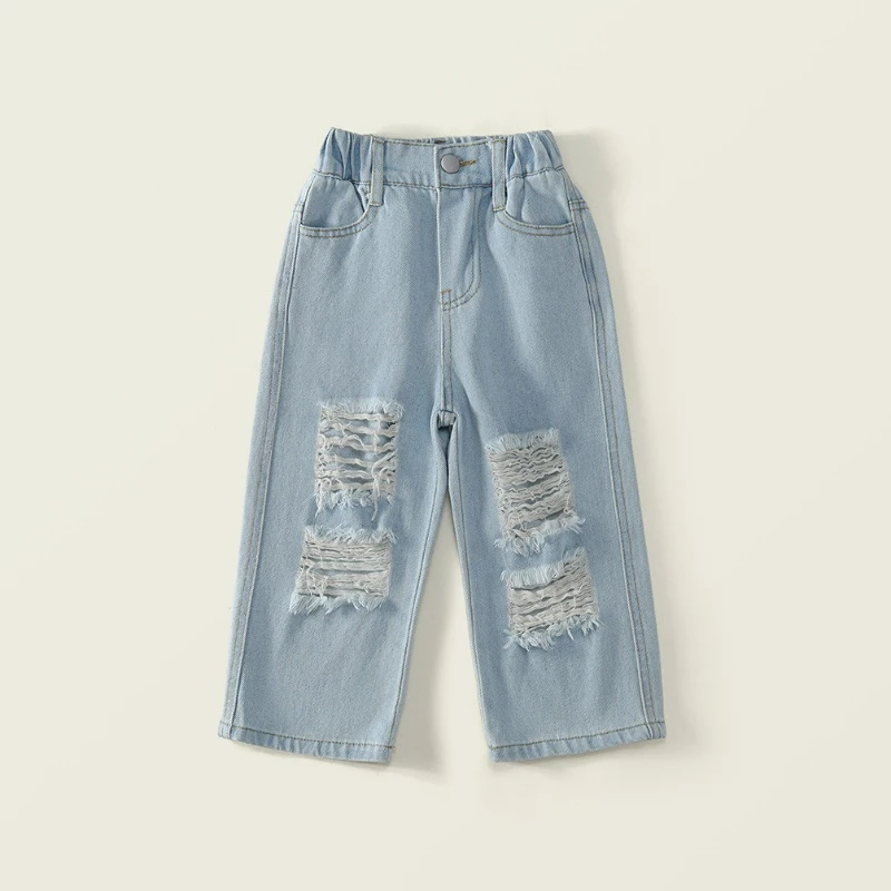 Baby Autumn Girls Jeans 2025 New Children's Japan Version Fashionable Washed Ripped Wide Leg Pants