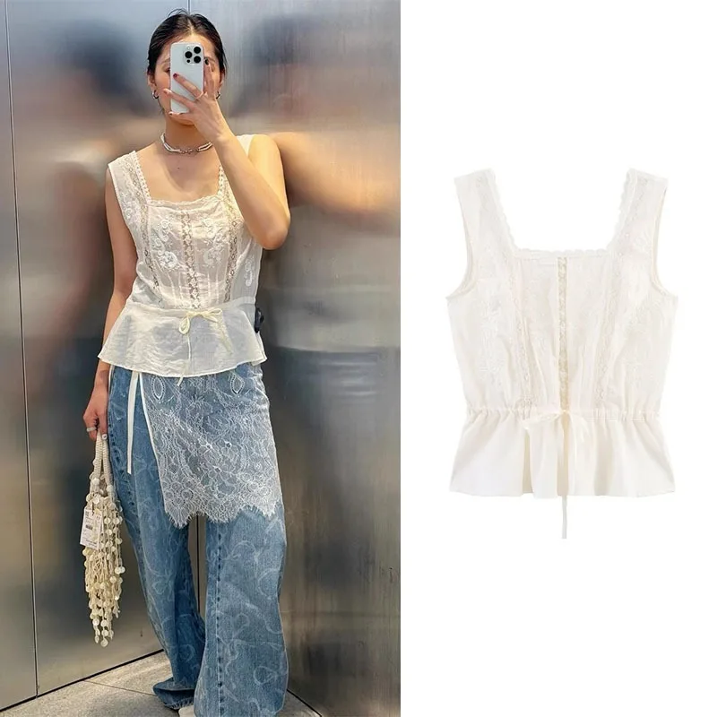

Женские майки, топы для женщин, топ на бретельках с вышивкой, кружевной хлопковый топ с открытыми плечами, летняя укороченная элегантная одежда Gary без рукавов Y2k