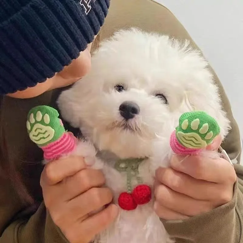 4 Pcs Cute Paw Print Cat Socks Anti‑Slip Knit Pet Socks Soft Warm Paw Protector Booties For Kitten Dog Indoor Wear Anti‑Scratch