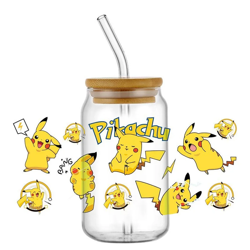 Miniso Cute Cartoon Pokemon Pikachu UV DTF Transfer Glass Sticker Waterproof Transfers Decals For 16oz Glass Cup Wrap Stickers