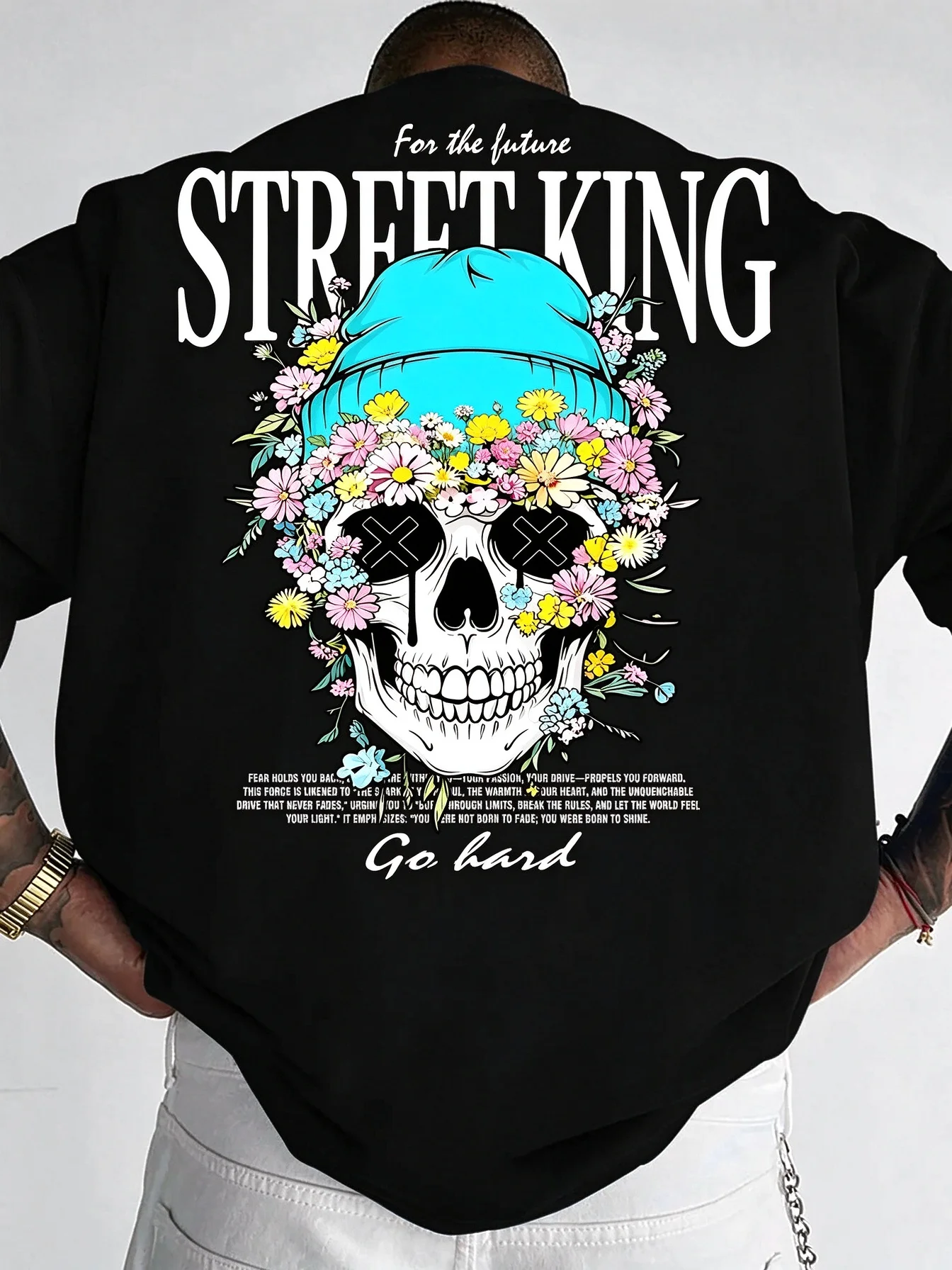 2026 Unisex Oversized T-shirt Skull Floral Beanie Graphic Back Print Street King Letter Cotton Casual Streetwear Tee Tops