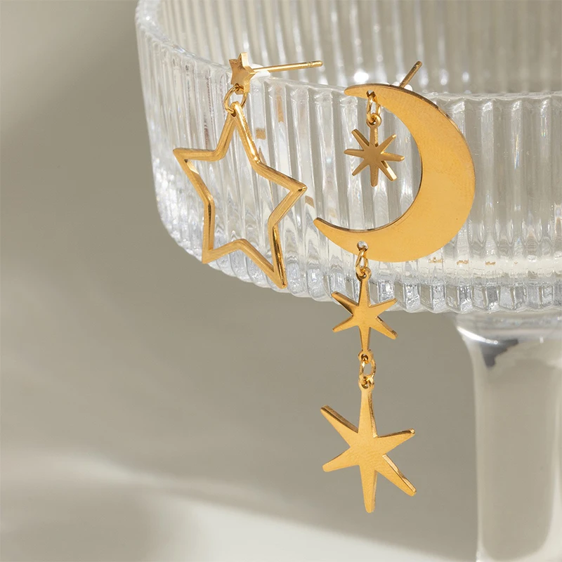 PRISCA | Metal Star Moon Dangle Earrings Women Stainless Steel European Street Jewelry 18k Gold New 2026