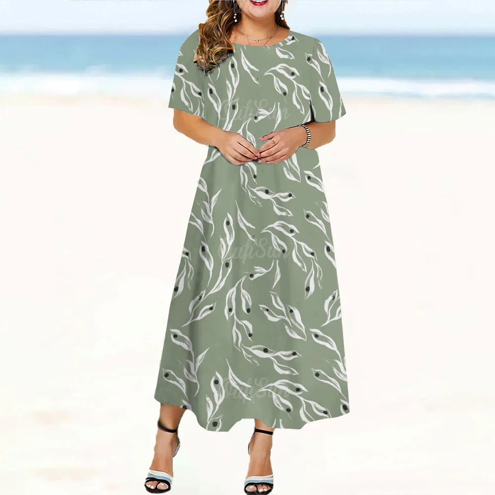 2024 Chinese Design Damesjurken Bamboe Print Elegante En Mooie Midi Jurken Plus Size Dames Jurk Met Korte Mouwen Zomer