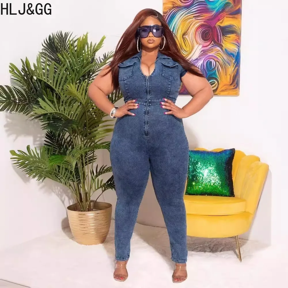 HLJ&GG Dark Blue Plus Size Solid Zipper Bodycon Jumpsuits Women Turndown Collar Elasticity Skinny Pants Playsuits Female Overall