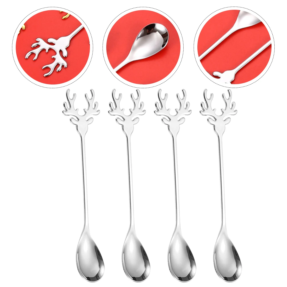 

4pcs Stainless Teaspoon Small Shovel Reindeer Stirring Spoon Elk Handle Blender Spoon RustProof Hygiene