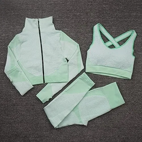 Women's 3PC Seamless Gym Clothing Workout Outfit with Jacket Bra & Leggings Set Three-piece Yoga Suit for Sports Fitness