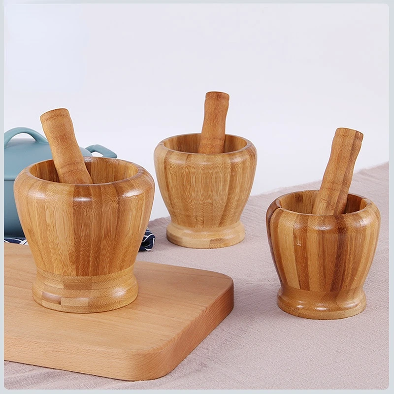 Bamboo Wood Mortar and Pestle Set with Lid Spoon Grinder Press Crusher Masher for Pepper Garlic Herb Spice Kitchen Gadget Sets