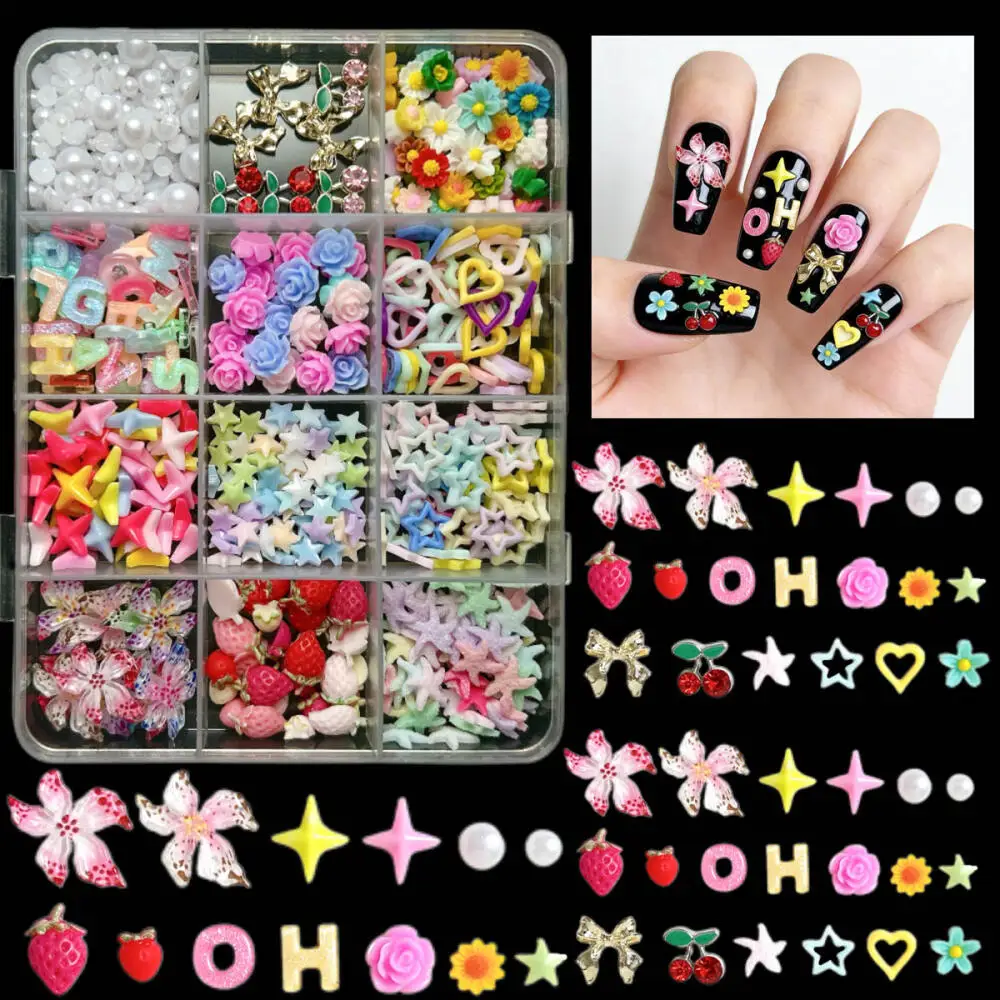 

1Box Colorful Mini Star Flower Bow Nail Art Charms Simulated Strawberry Pumpkin Cute Bear Mixed Resin Nail Decorations for DIY