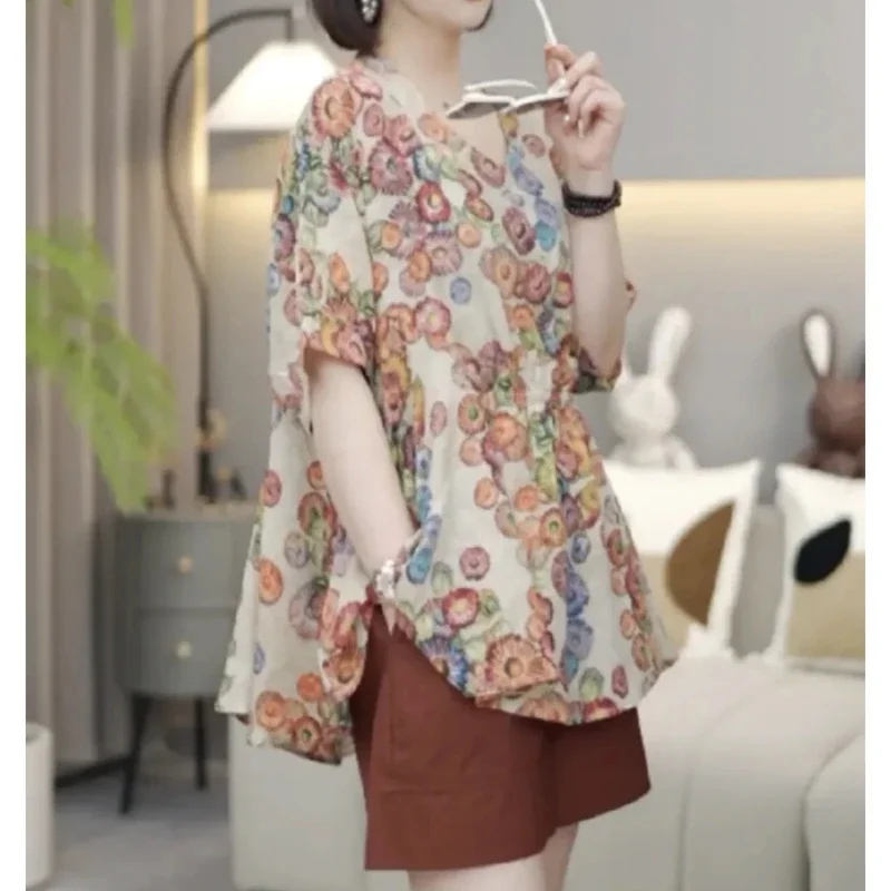 Women's Summer Vintage Floral Print Chic Blouse Casual V Neck Short Sleeve Shirt Ruffled Loose Irregular Womens Tops Blouses