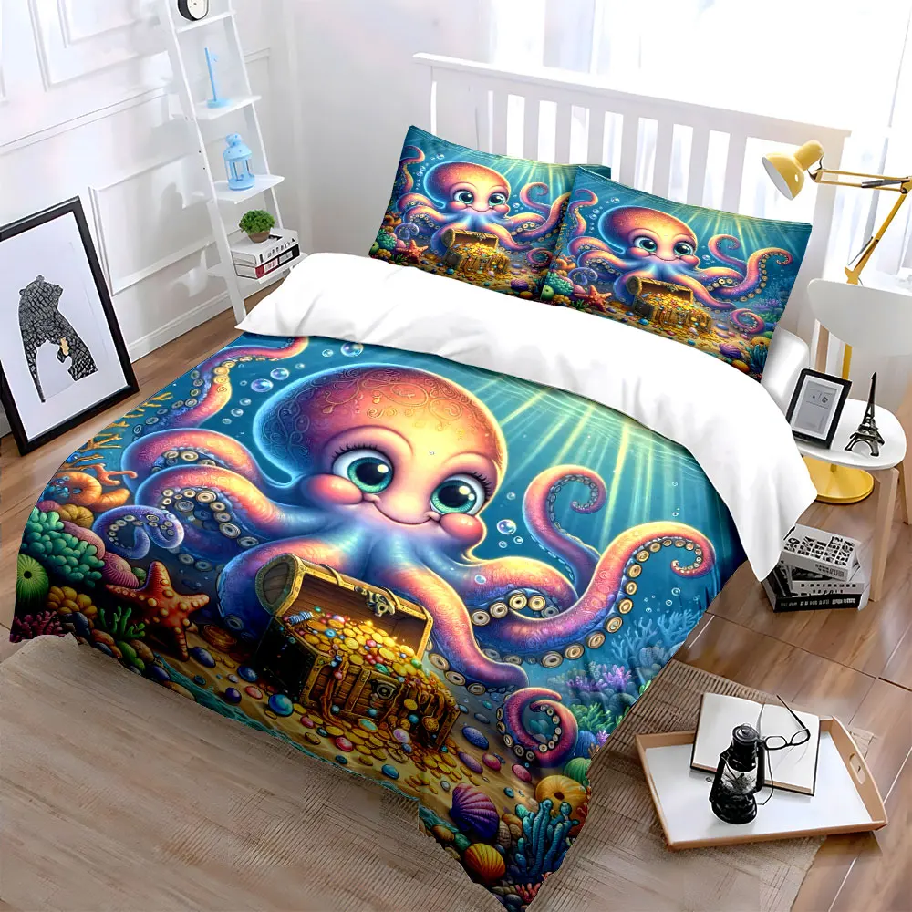 Octopus Guarding Undersea Treasure Bedding Set for Kids Luxury Gift 3pcs Digital Print Comforter Set Soft Comfortable Breathable