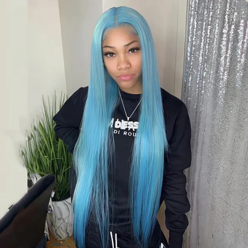 

Synthetic Hair Wigs Blue Colored Lace Front Wigs For Women 13x6 Straight Light Blue Brazilian 13x4 Transparent Lace Frontal Wig